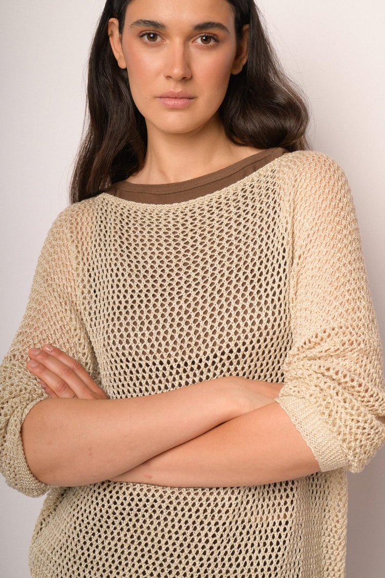 Beige openwork sweater with lurex