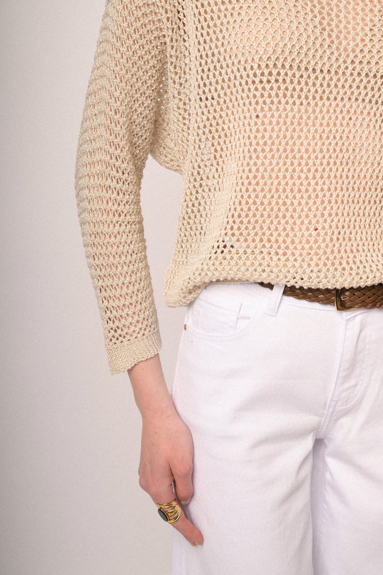 Beige perforated knit boxy-fit sweater