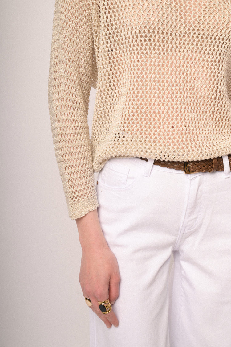 Beige perforated knit boxy-fit sweater