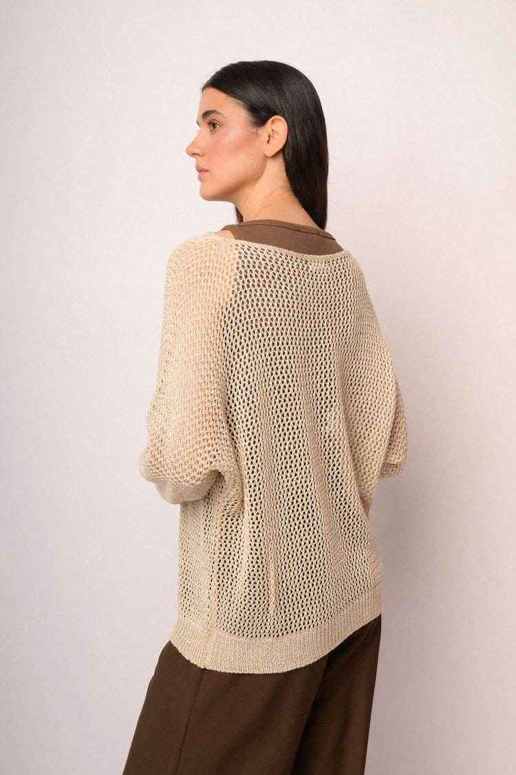 Beige openwork sweater with lurex