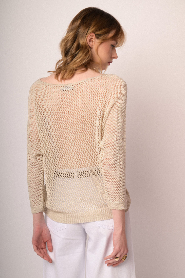 Beige perforated knit boxy-fit sweater