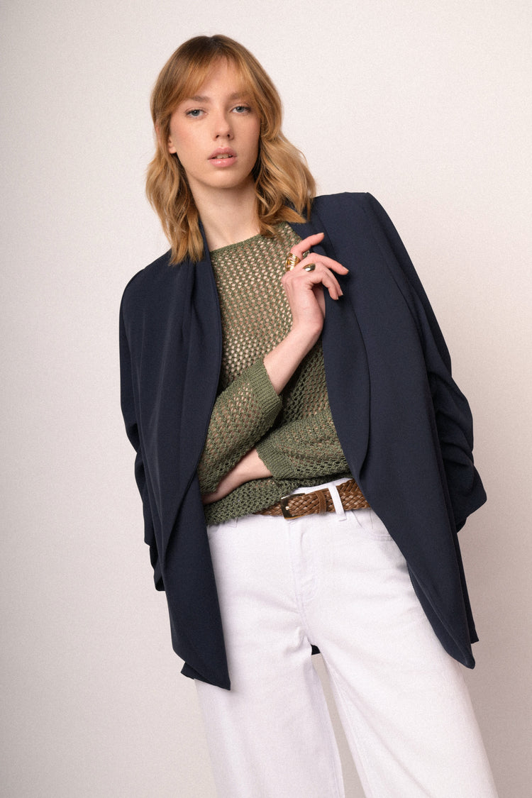 Olive green perforated knit boxy-fit sweater