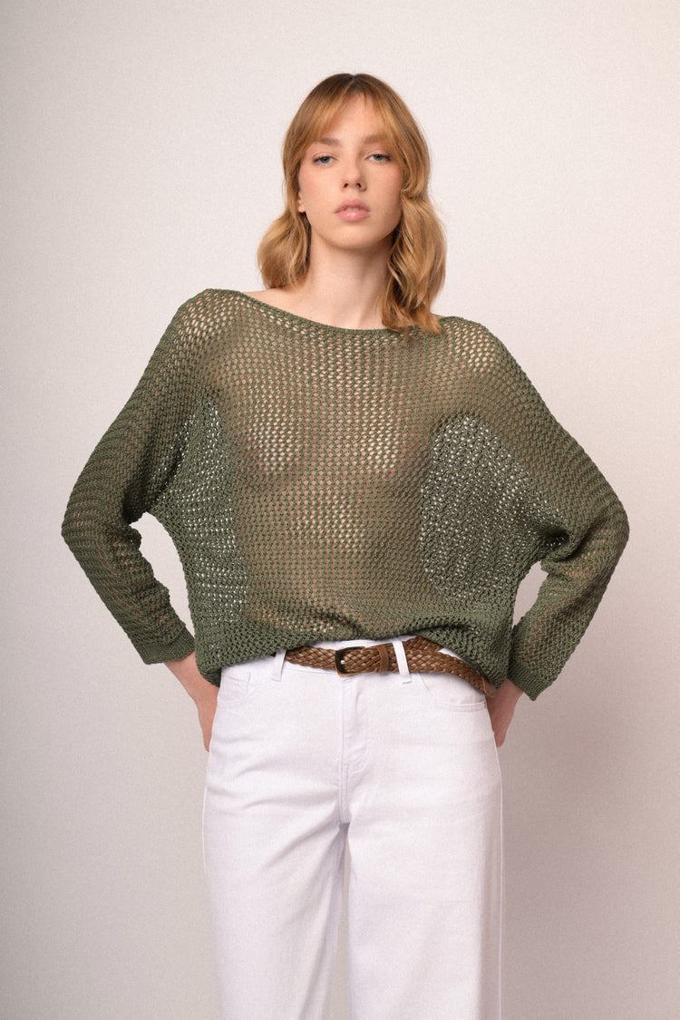 Olive green perforated knit boxy-fit sweater