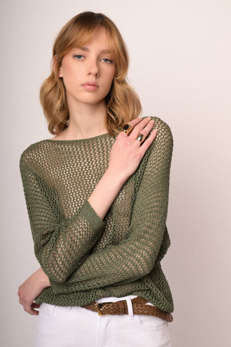 Olive green perforated knit boxy-fit sweater