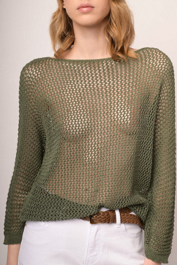 Olive green perforated knit boxy-fit sweater