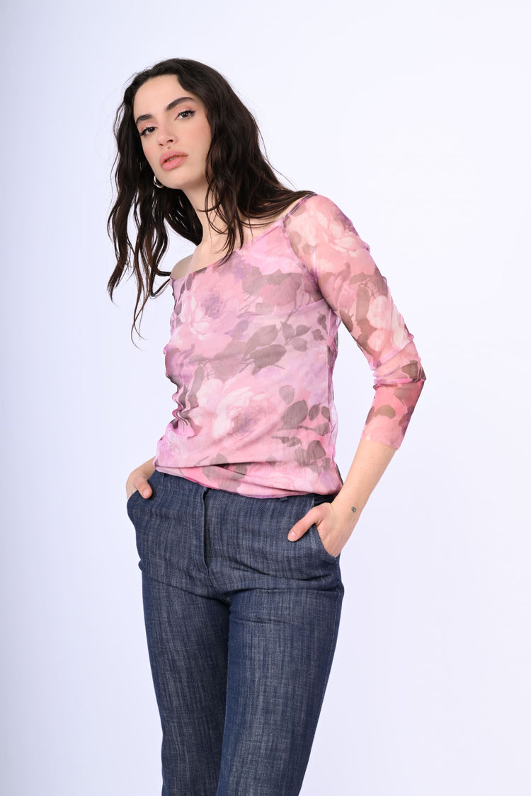 Floral print tulle top