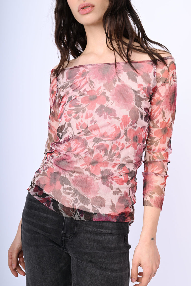 Floral print tulle top