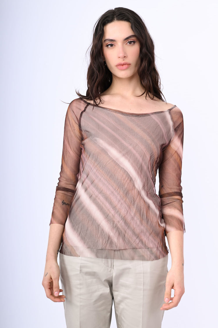 Diagonal striped print tulle top