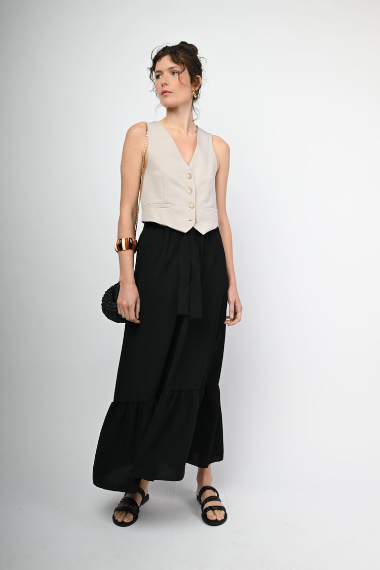 Belted tiered long skirt