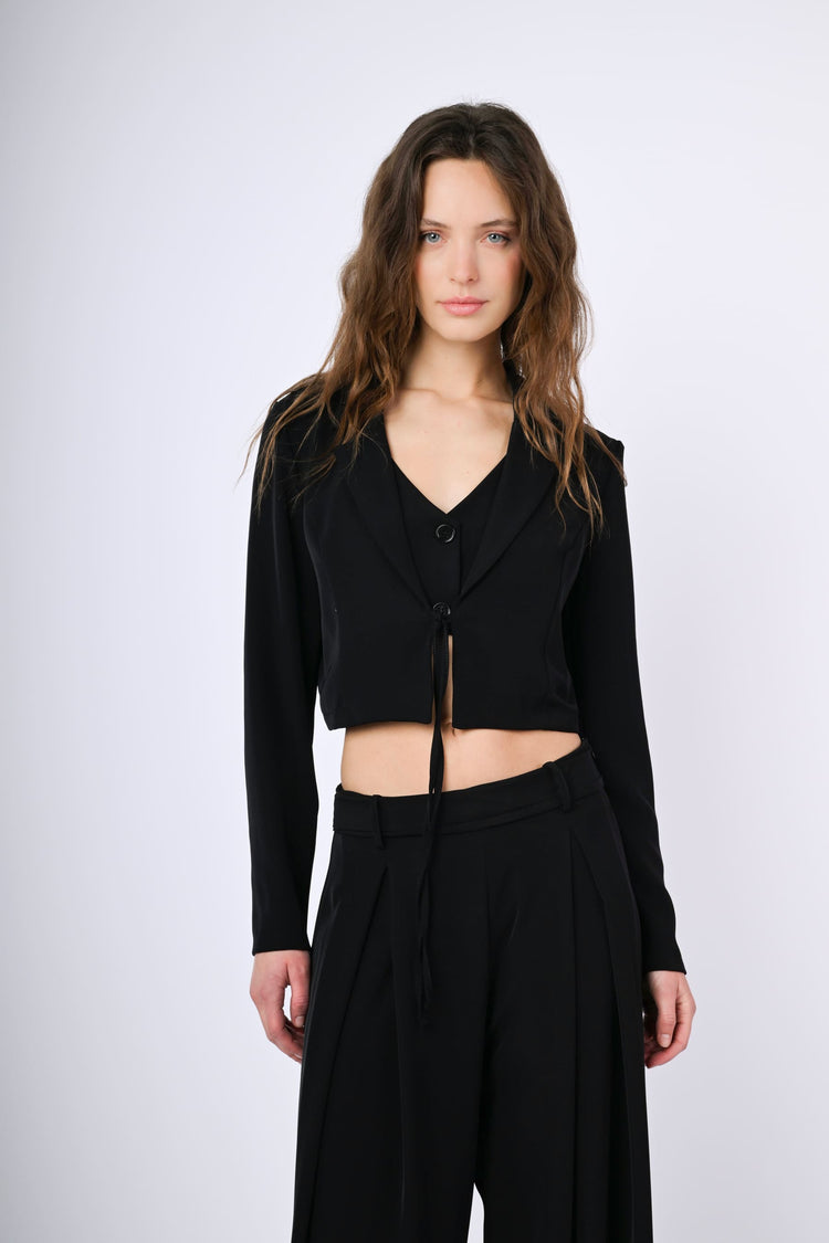 Self-tie strap cropped blazer