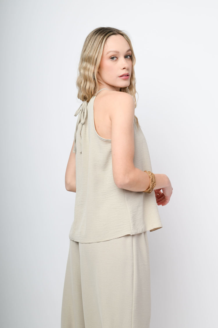 Self-tie strap crepe top