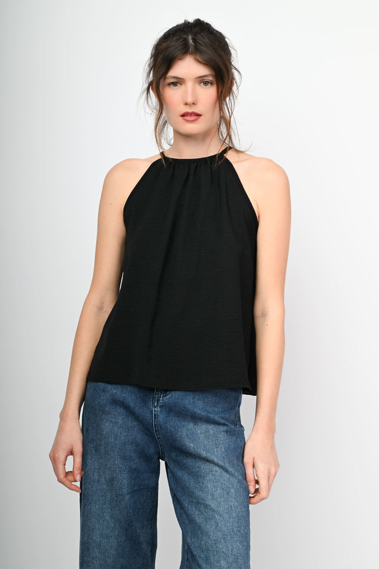 Self-tie strap crepe top