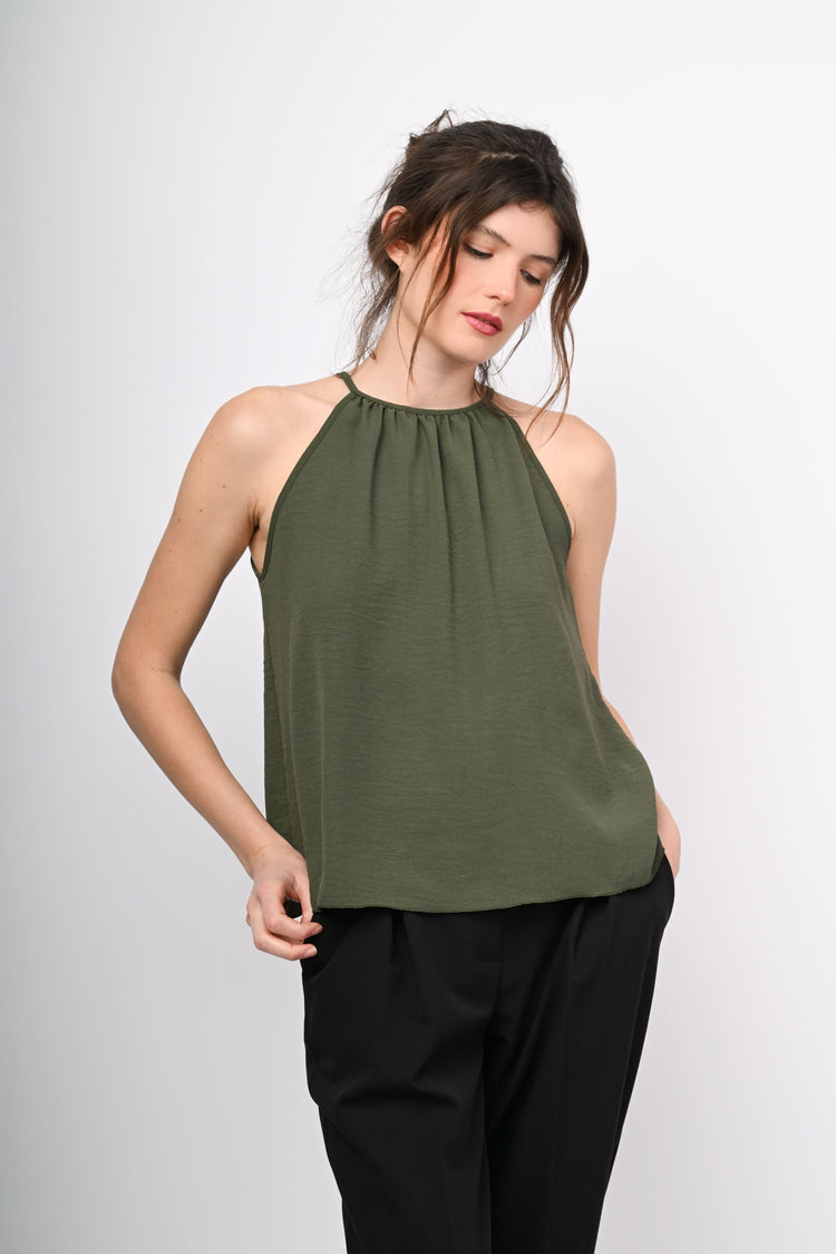 Self-tie strap crepe top