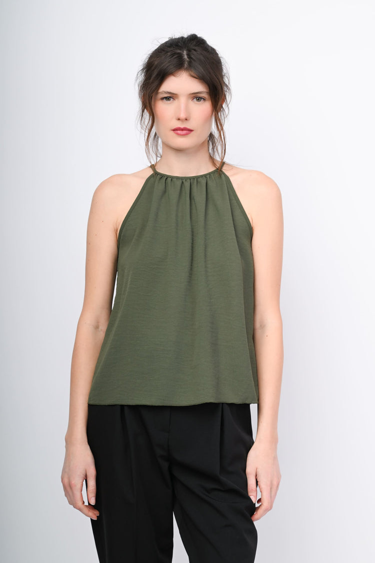 Self-tie strap crepe top
