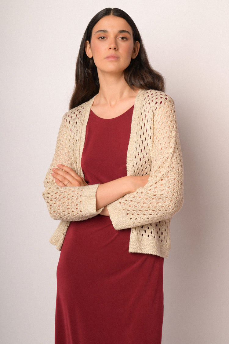 Beige openwork cardigan with lurex