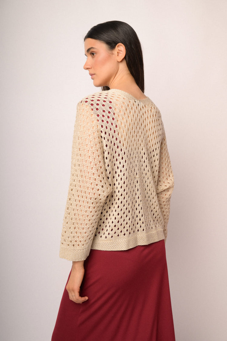 Beige openwork cardigan with lurex