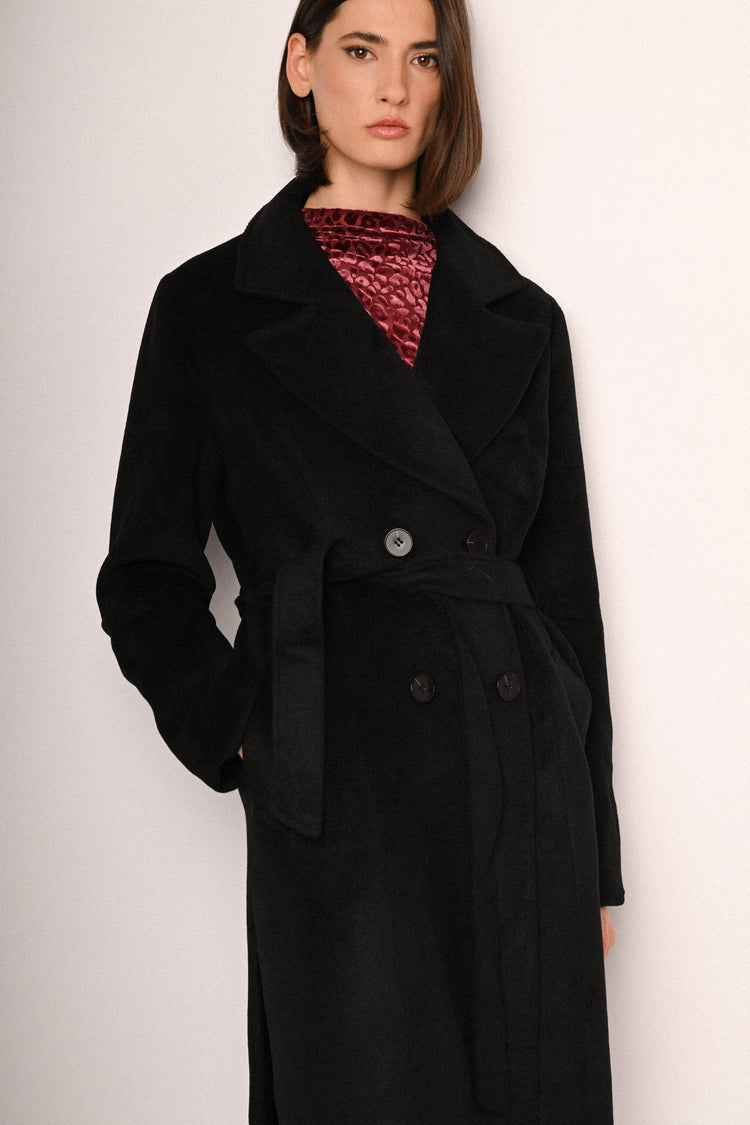 Belted double-breasted long coat