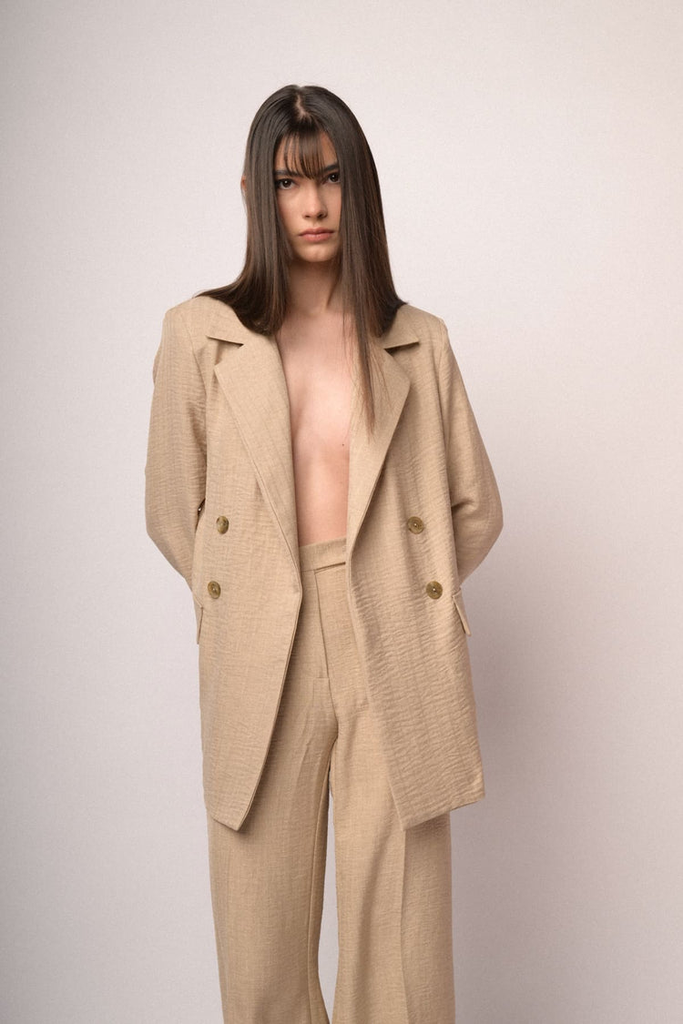 Beige double-breasted loose-fit blazer