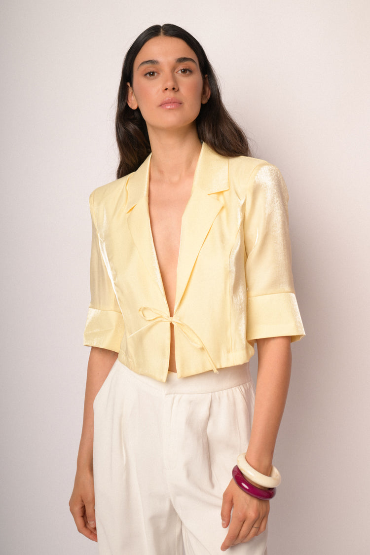 Yellow bolero with lapels and tie