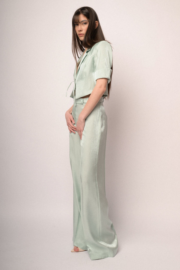 Aqua green satin self-tie straps cropped blazer