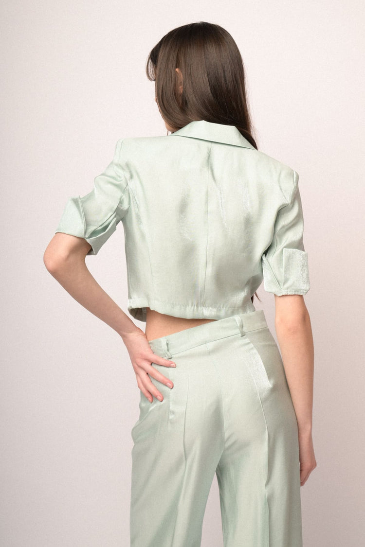 Aqua green satin self-tie straps cropped blazer