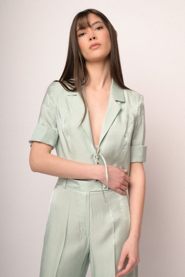 Aqua green satin self-tie straps cropped blazer