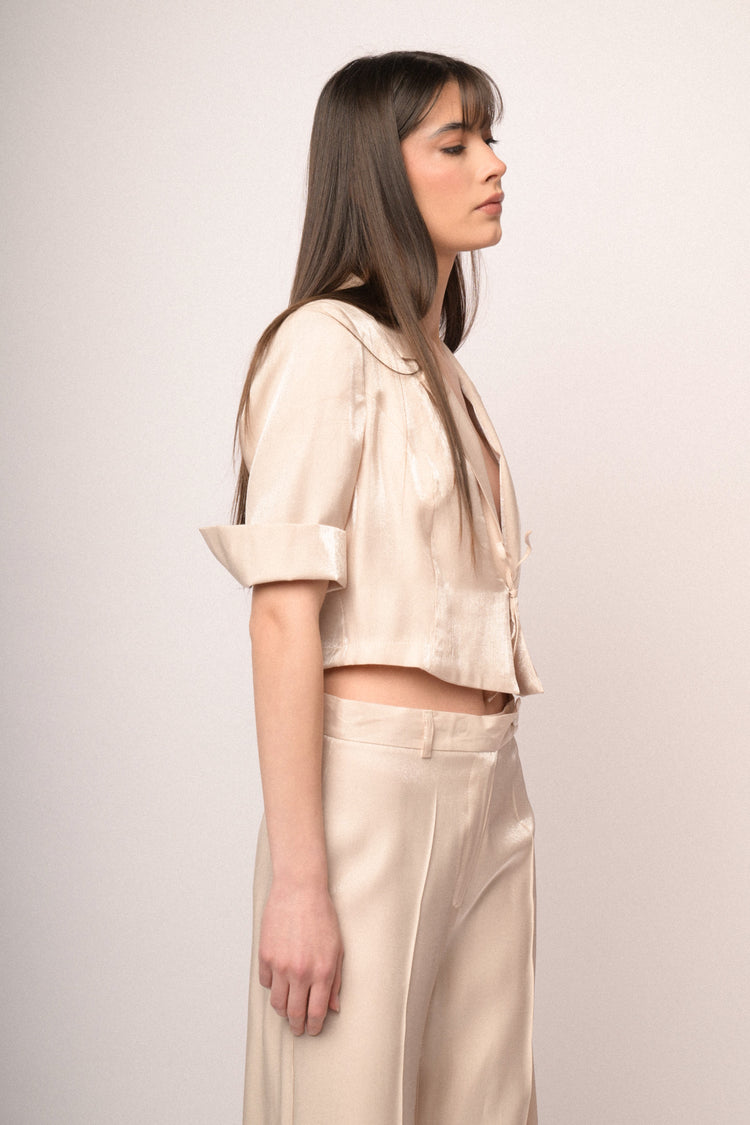 Ivory satin self-tie straps cropped blazer