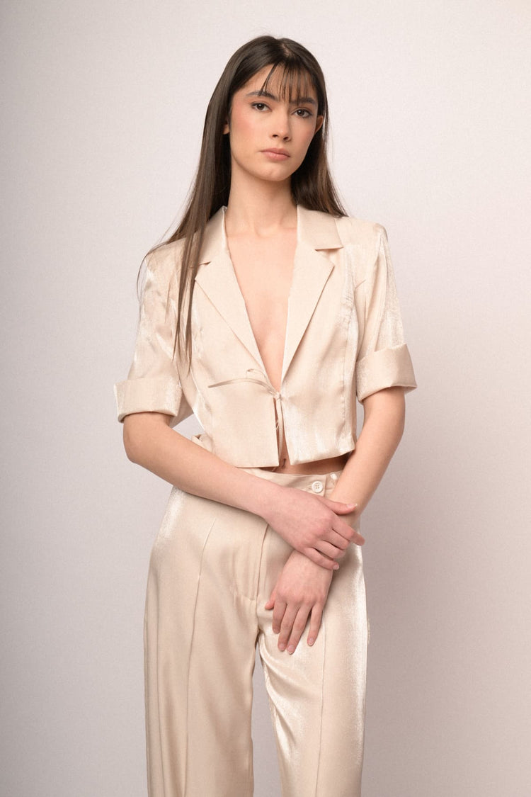Ivory satin self-tie straps cropped blazer