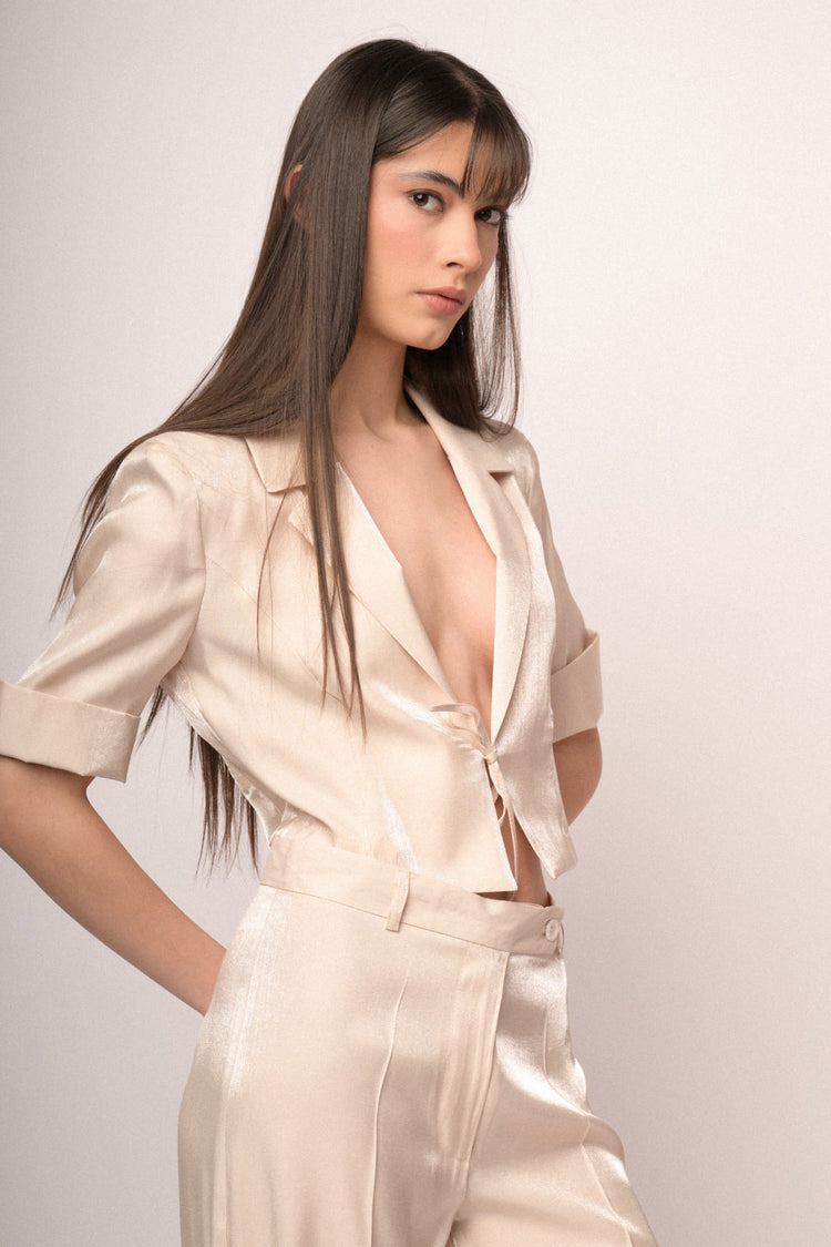 Ivory satin self-tie straps cropped blazer