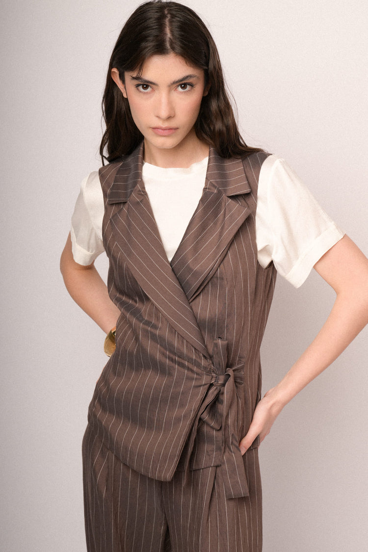 Chocolate pinstriped satin wrap vest