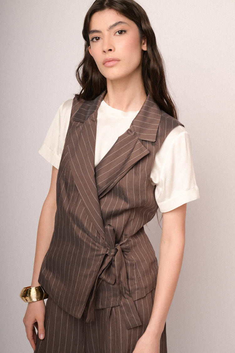 Chocolate pinstriped satin wrap vest