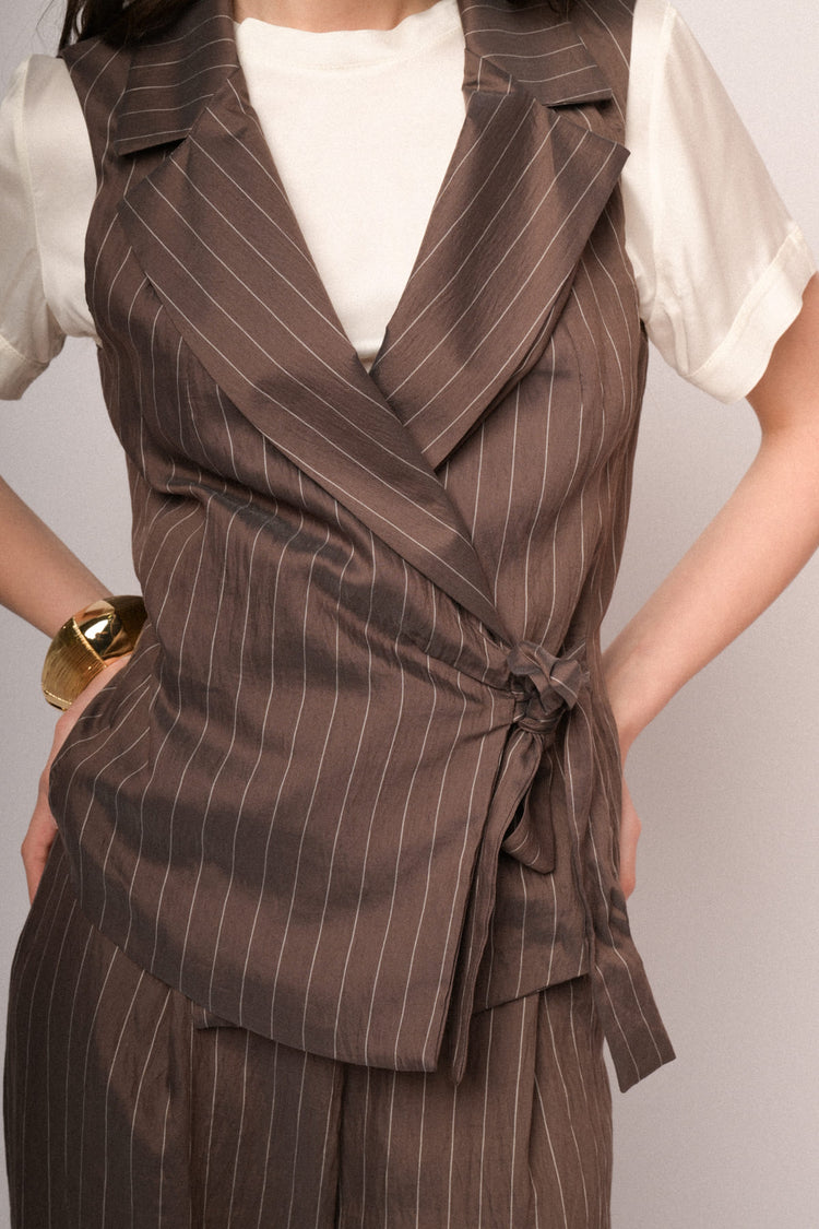 Chocolate pinstriped satin wrap vest