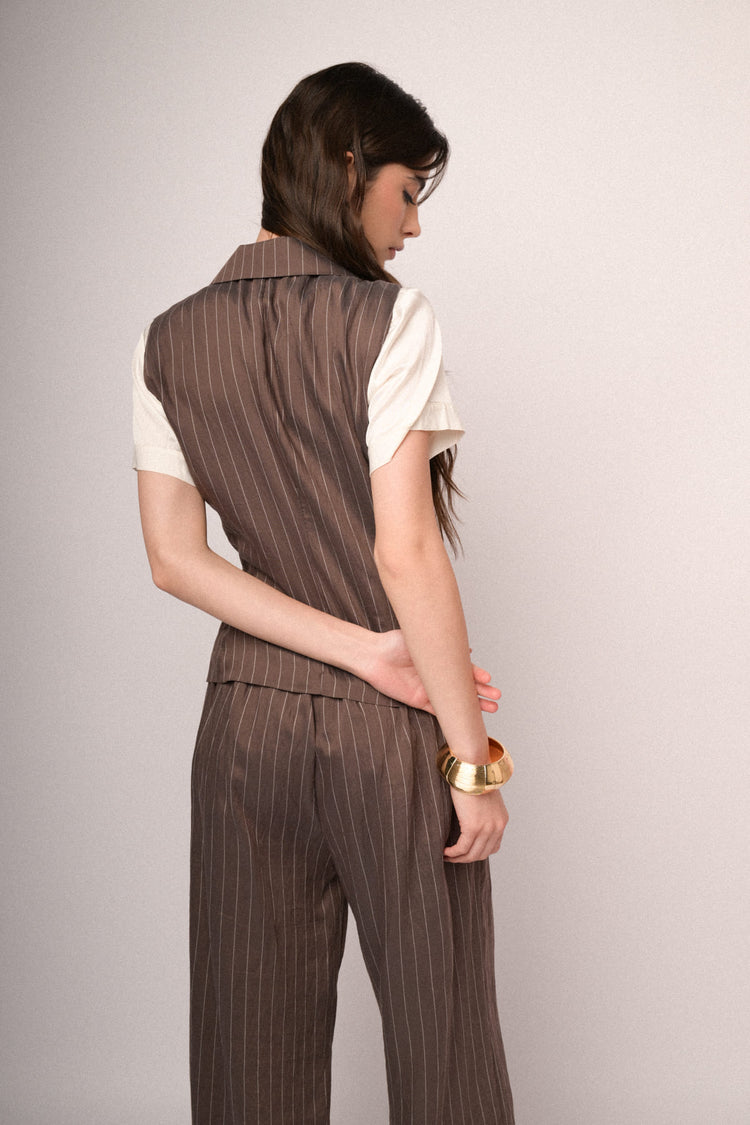 Chocolate pinstriped satin wrap vest