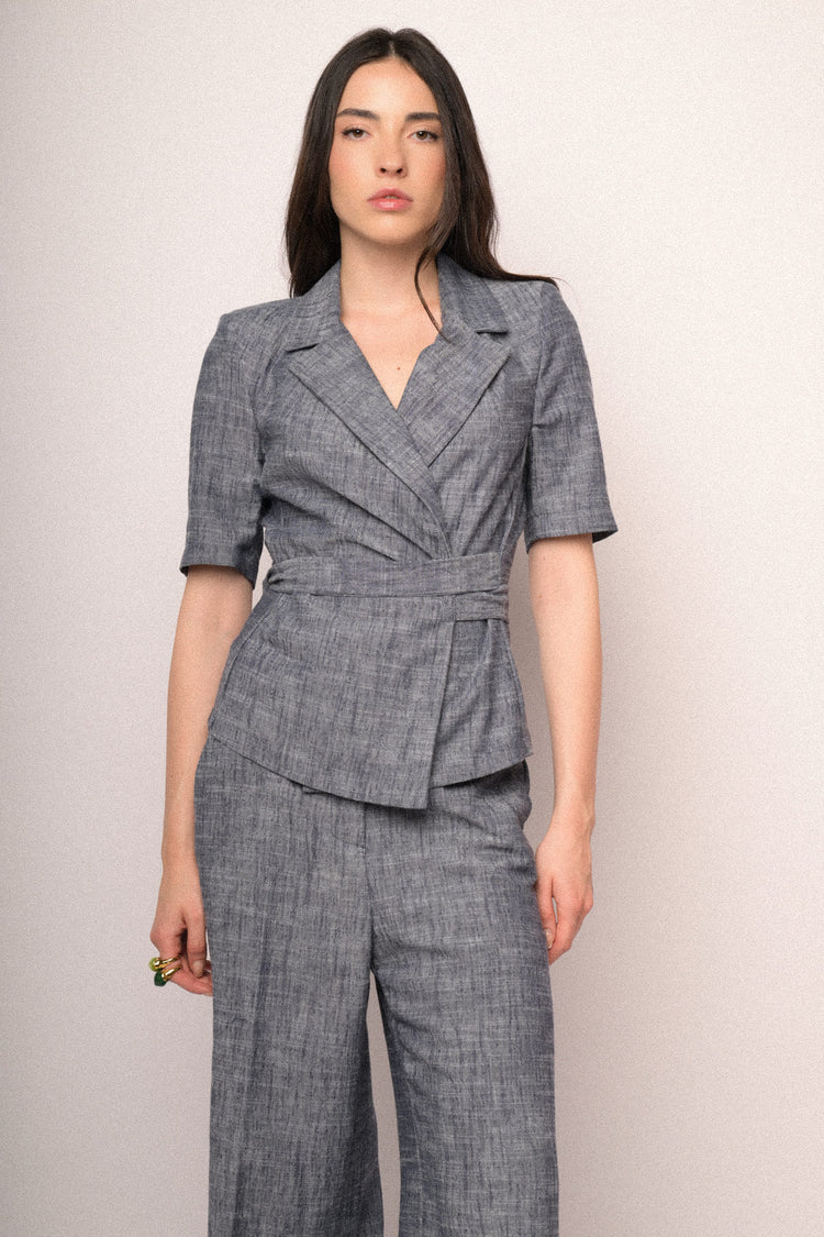 Heather blue belted half sleeved blazer
