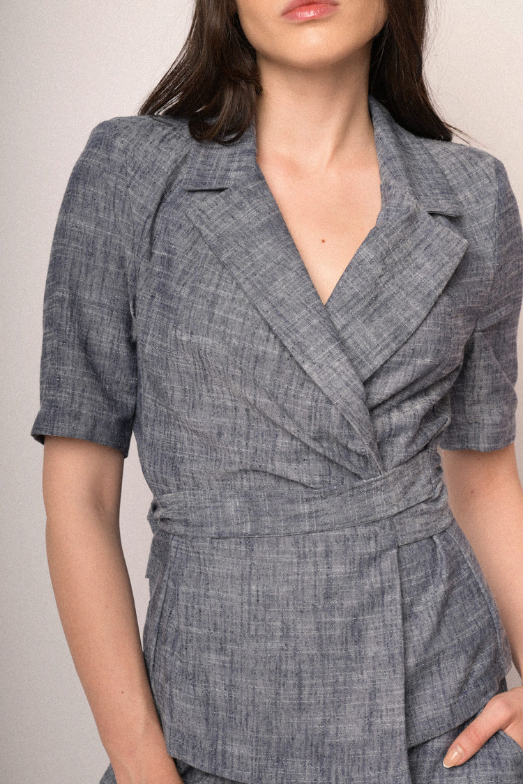 Heather blue belted half sleeved blazer