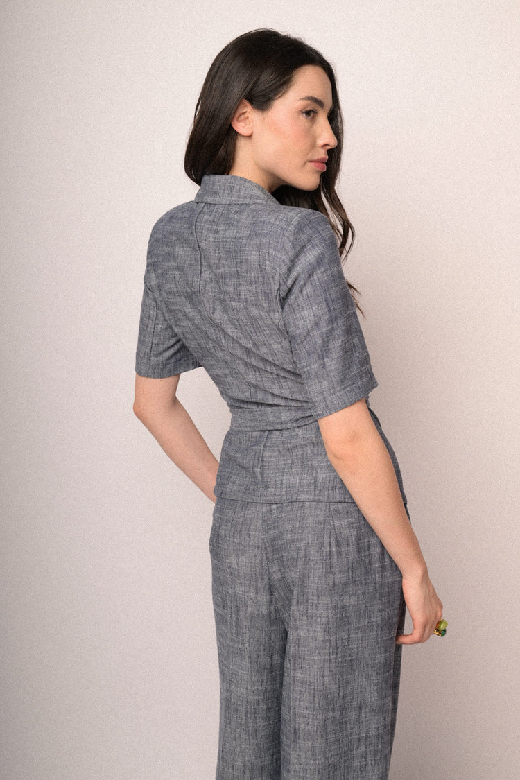 Heather blue belted half sleeved blazer