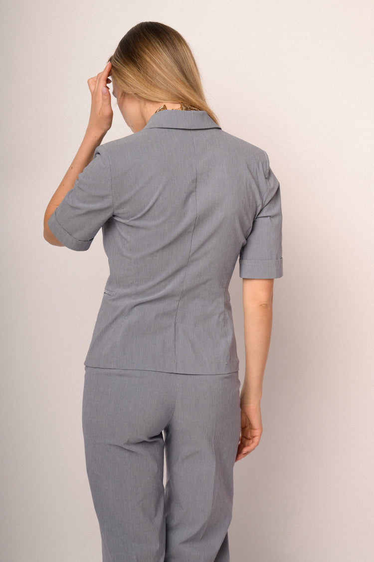 Light blue striped cotton-blend half-sleeved blazer