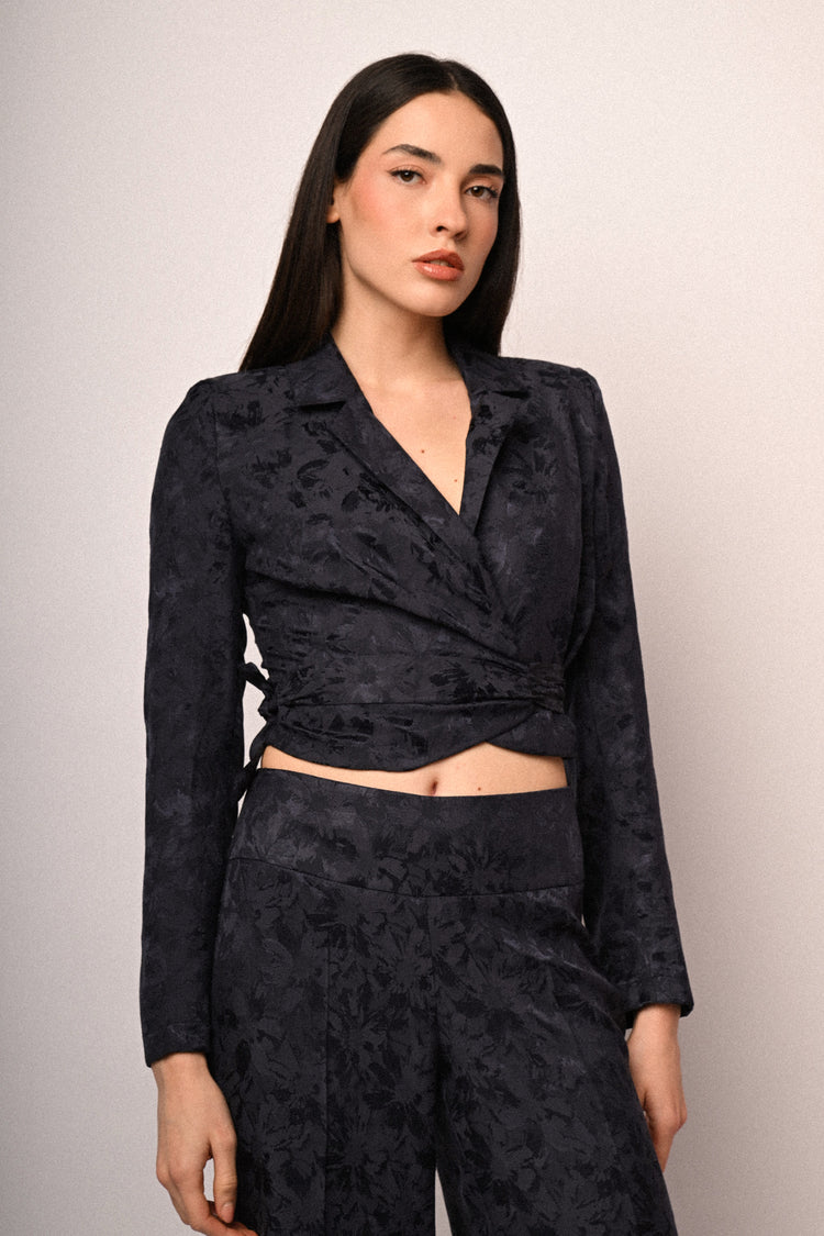 Jacquard wrap cropped blazer