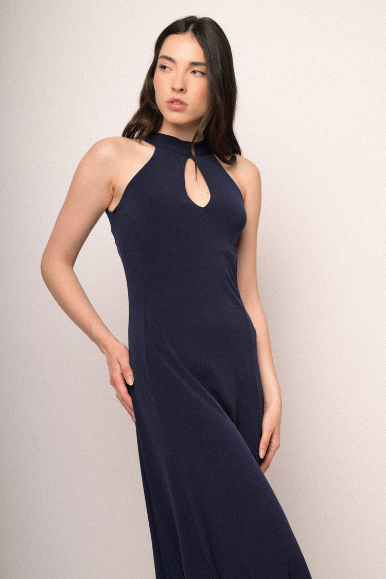 Midnight blue cut-out long halter dress