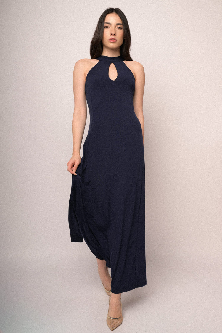 Midnight blue cut-out long halter dress