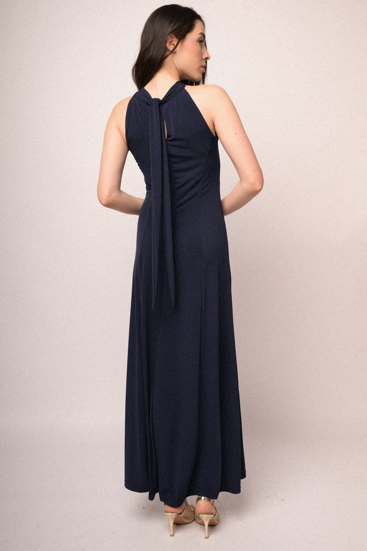 Midnight blue cut-out long halter dress