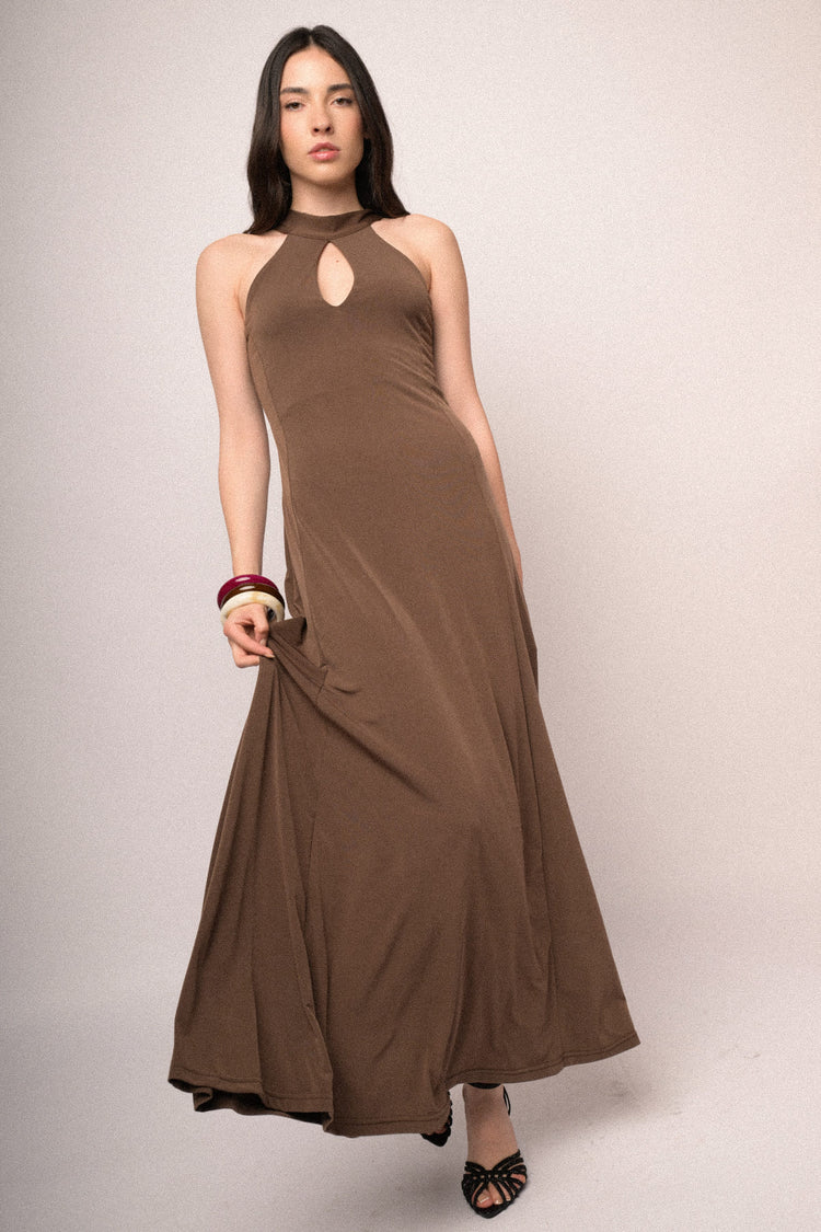 Chocolate cut-out long halter dress