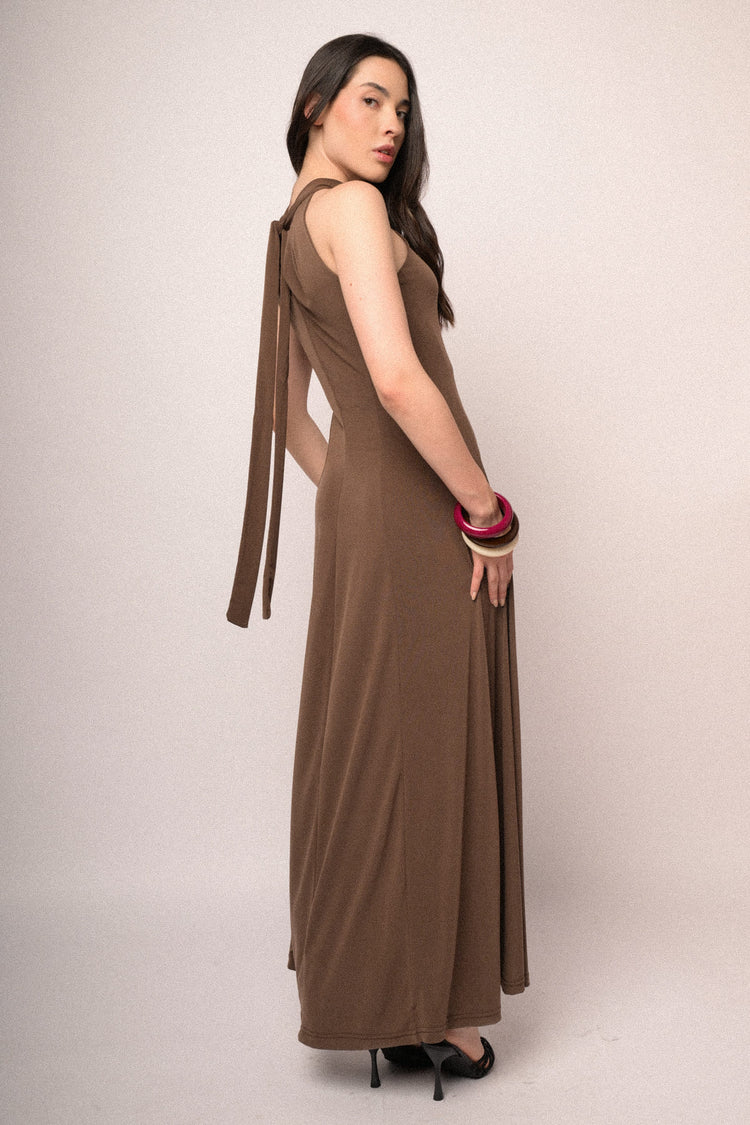 Chocolate cut-out long halter dress