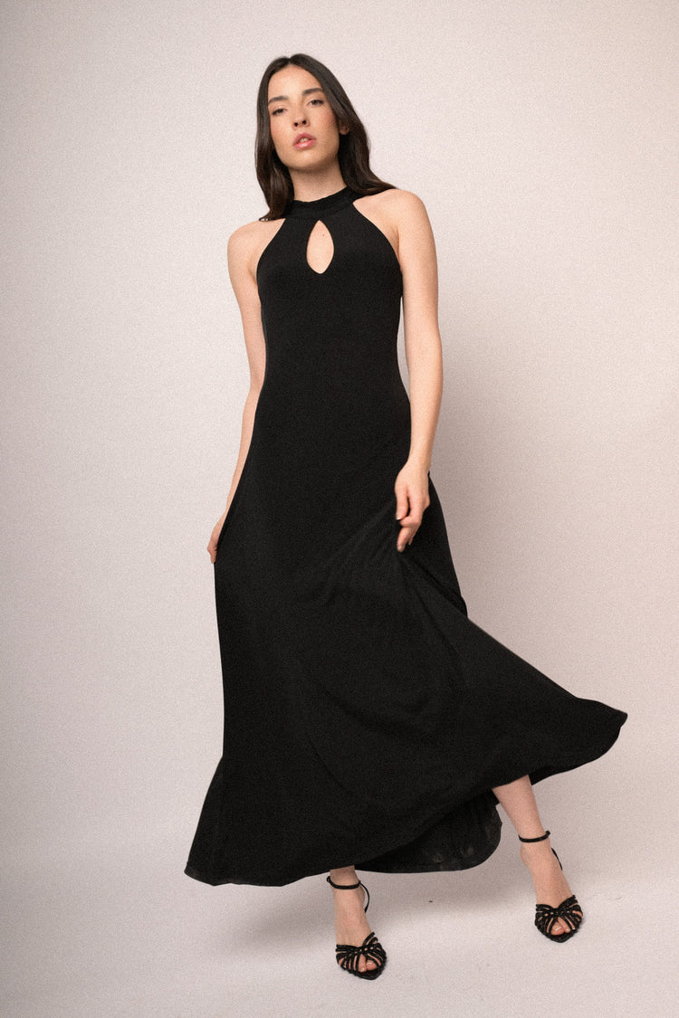 Black cut-out long halter dress