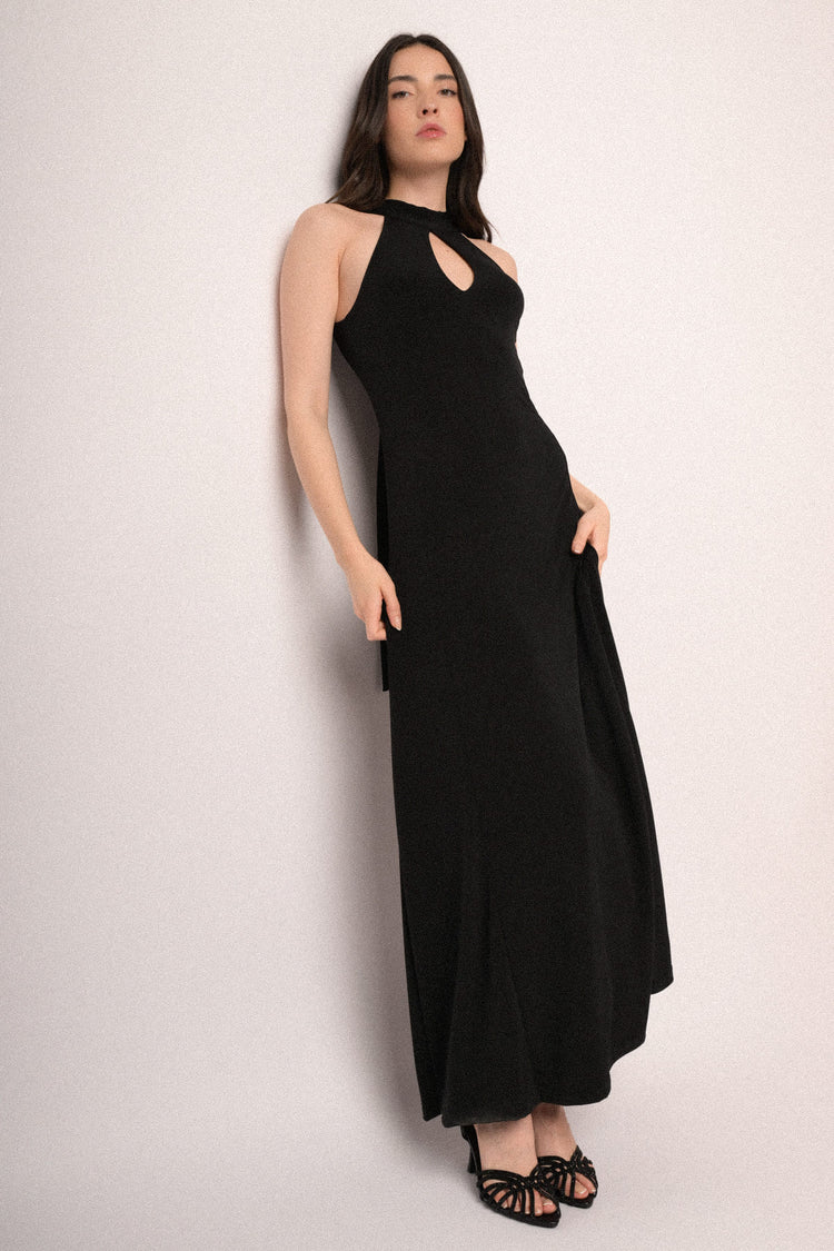 Black cut-out long halter dress