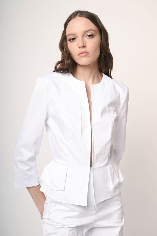 Ruffles and hook-and-eye blazer