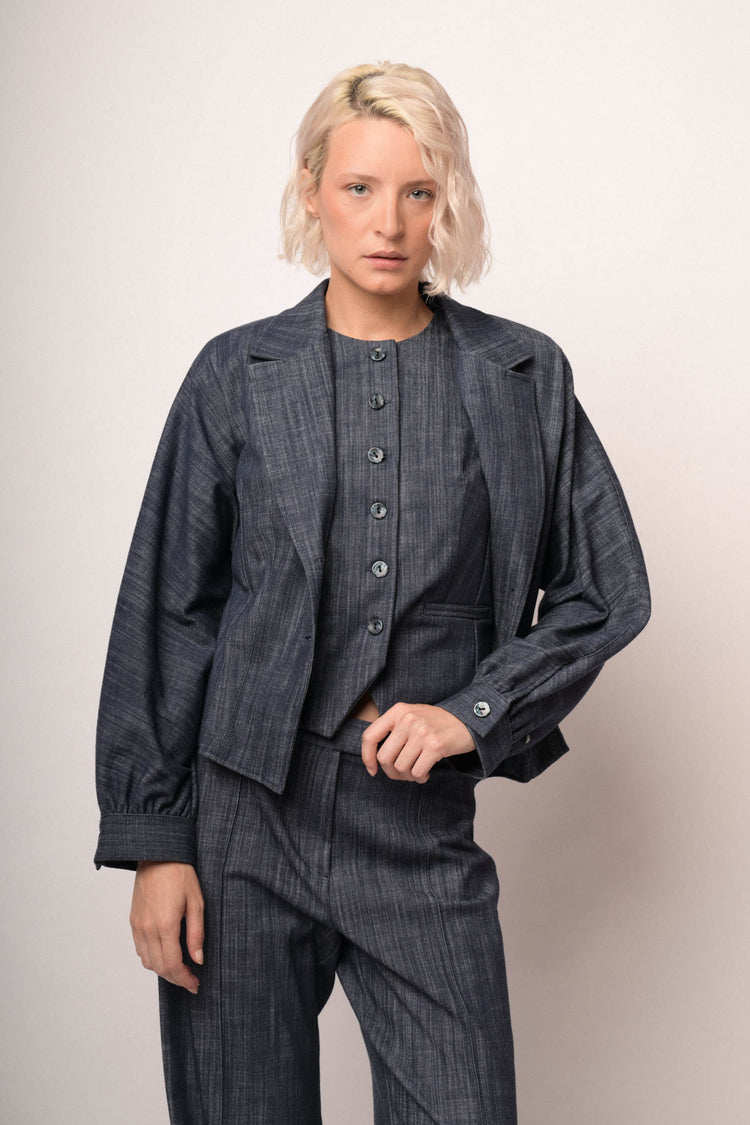 Blue denim-effect blouson sleeved blazer