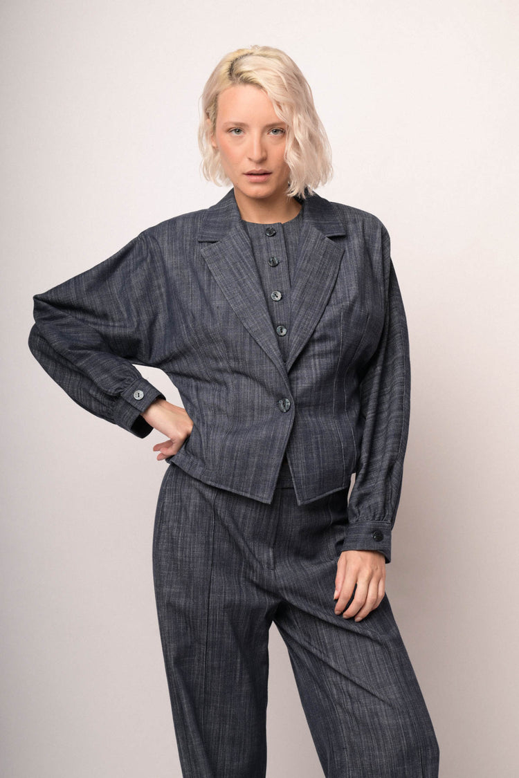 Blue denim-effect blouson sleeved blazer