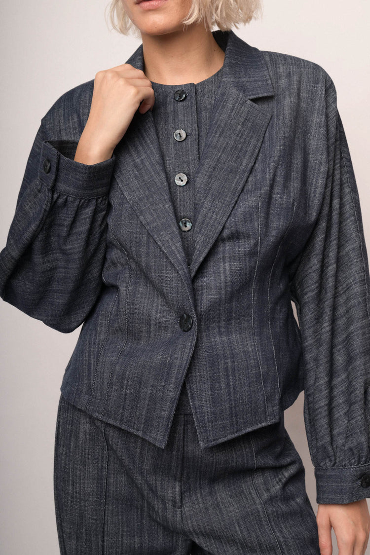 Blue denim-effect blouson sleeved blazer