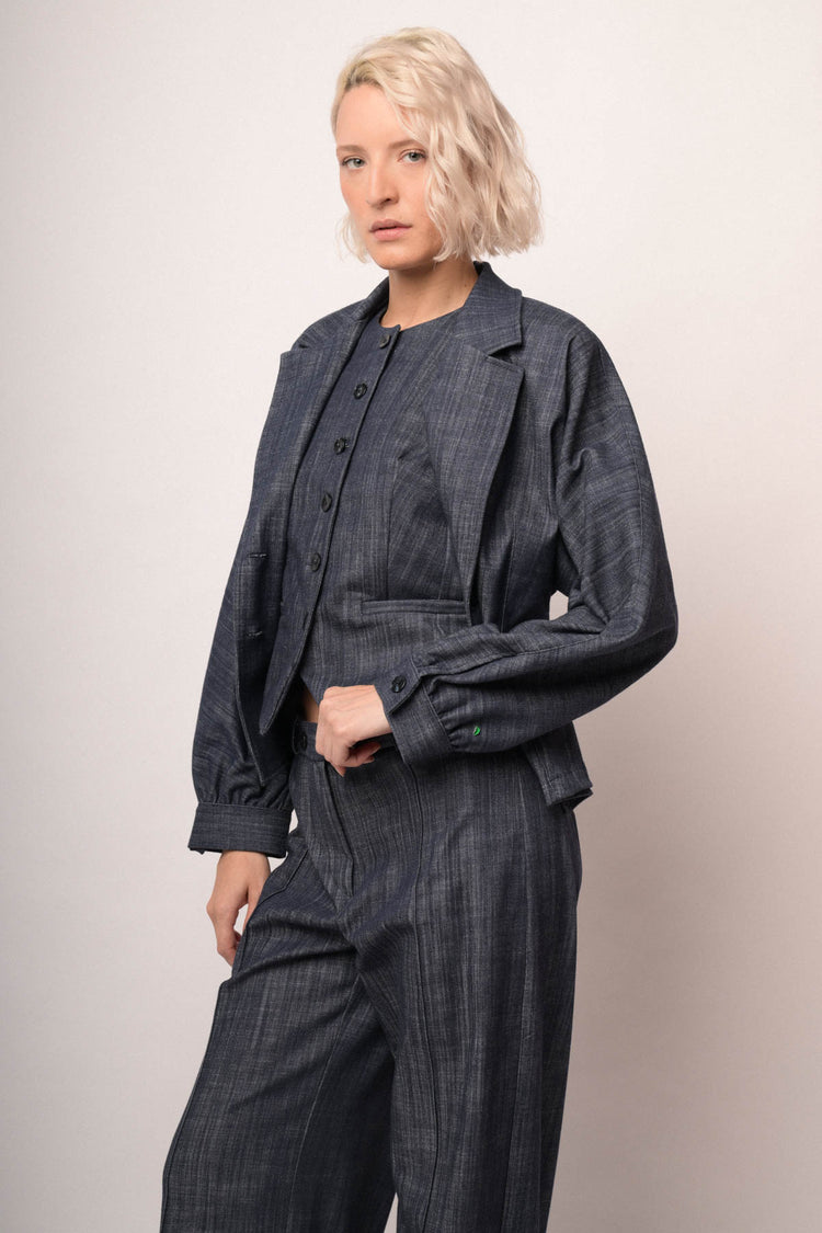Blue denim-effect blouson sleeved blazer